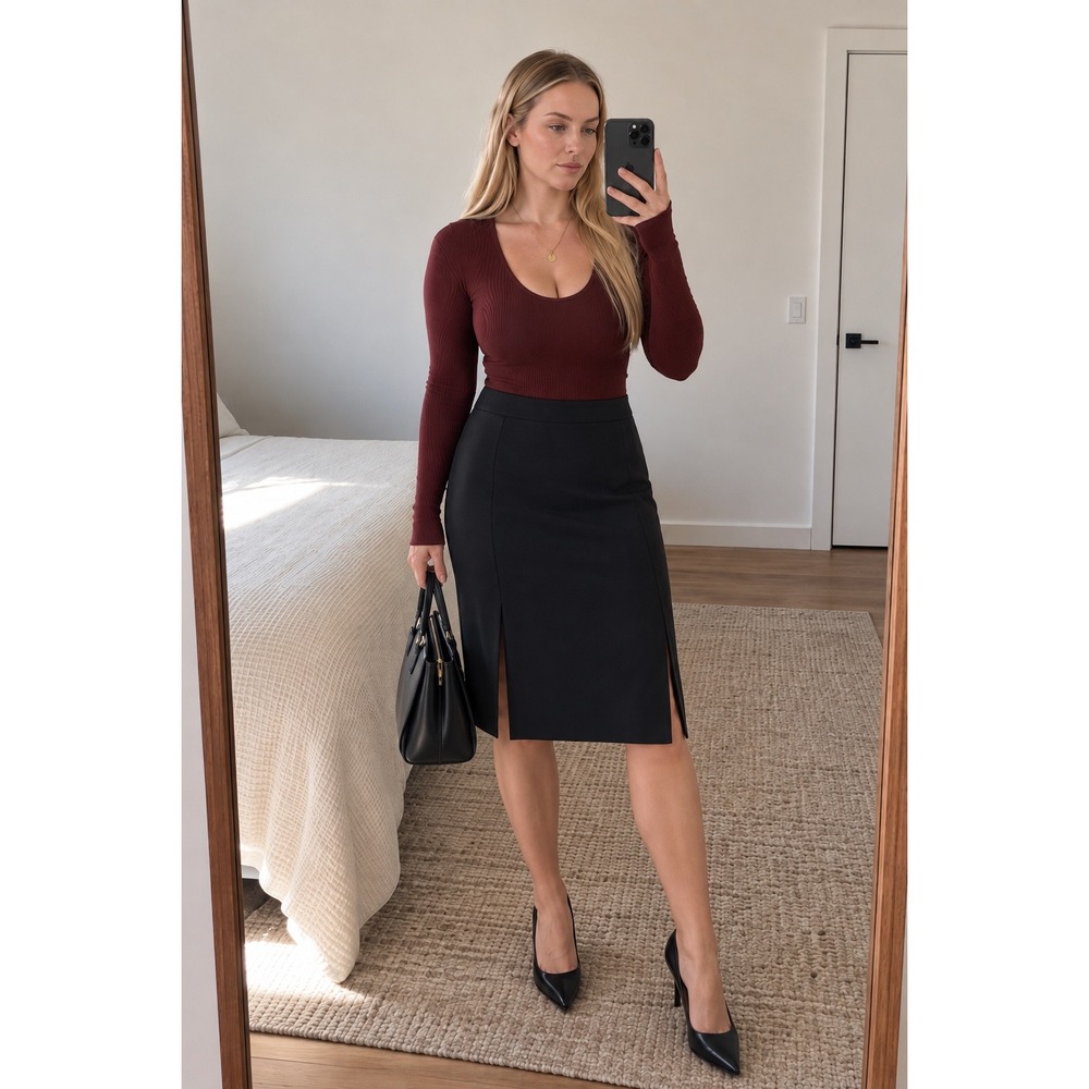 Lauren Ralph Lauren Womens Midi Skirt 12 Black Side Slits Career Office Classic